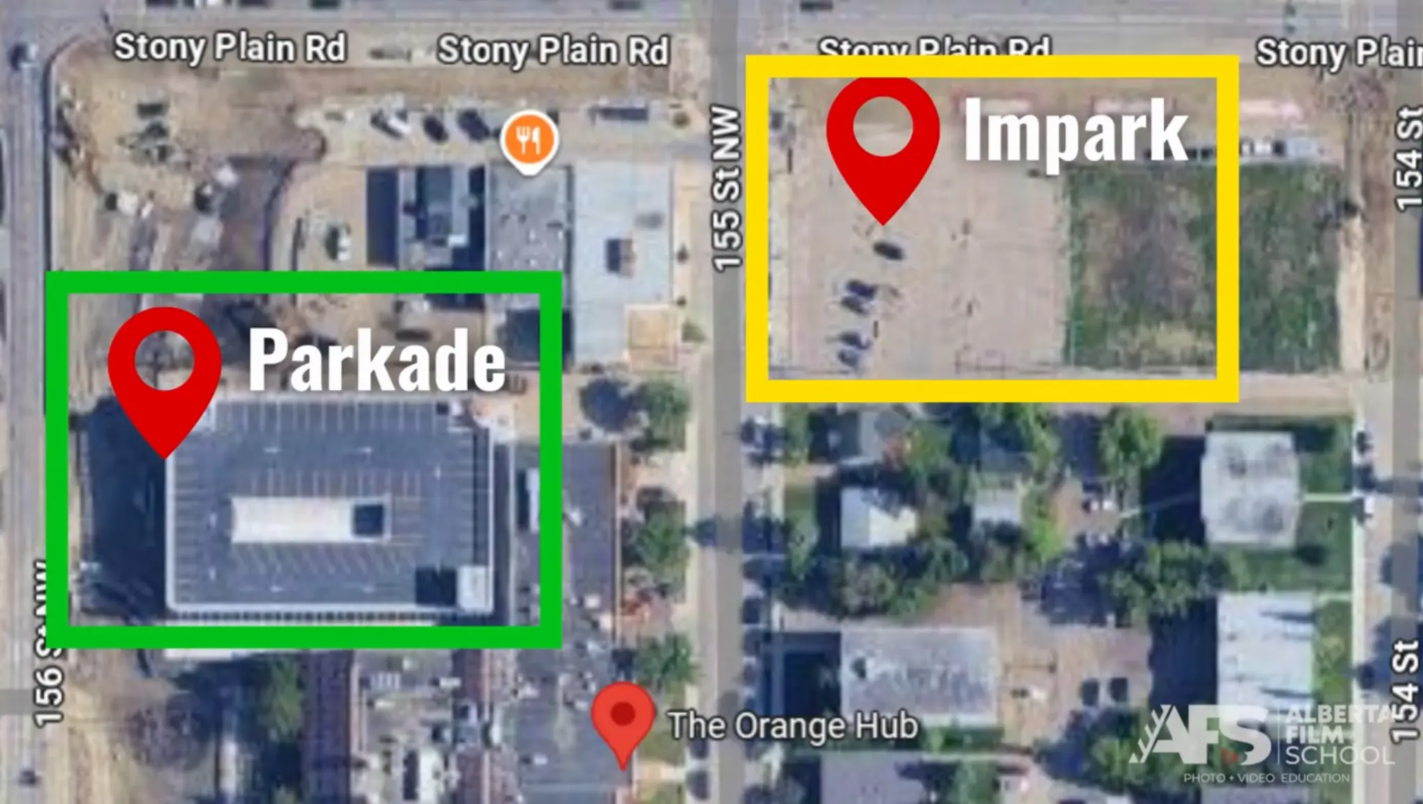 Alberta Film School parking map showing paid lot and free street parking